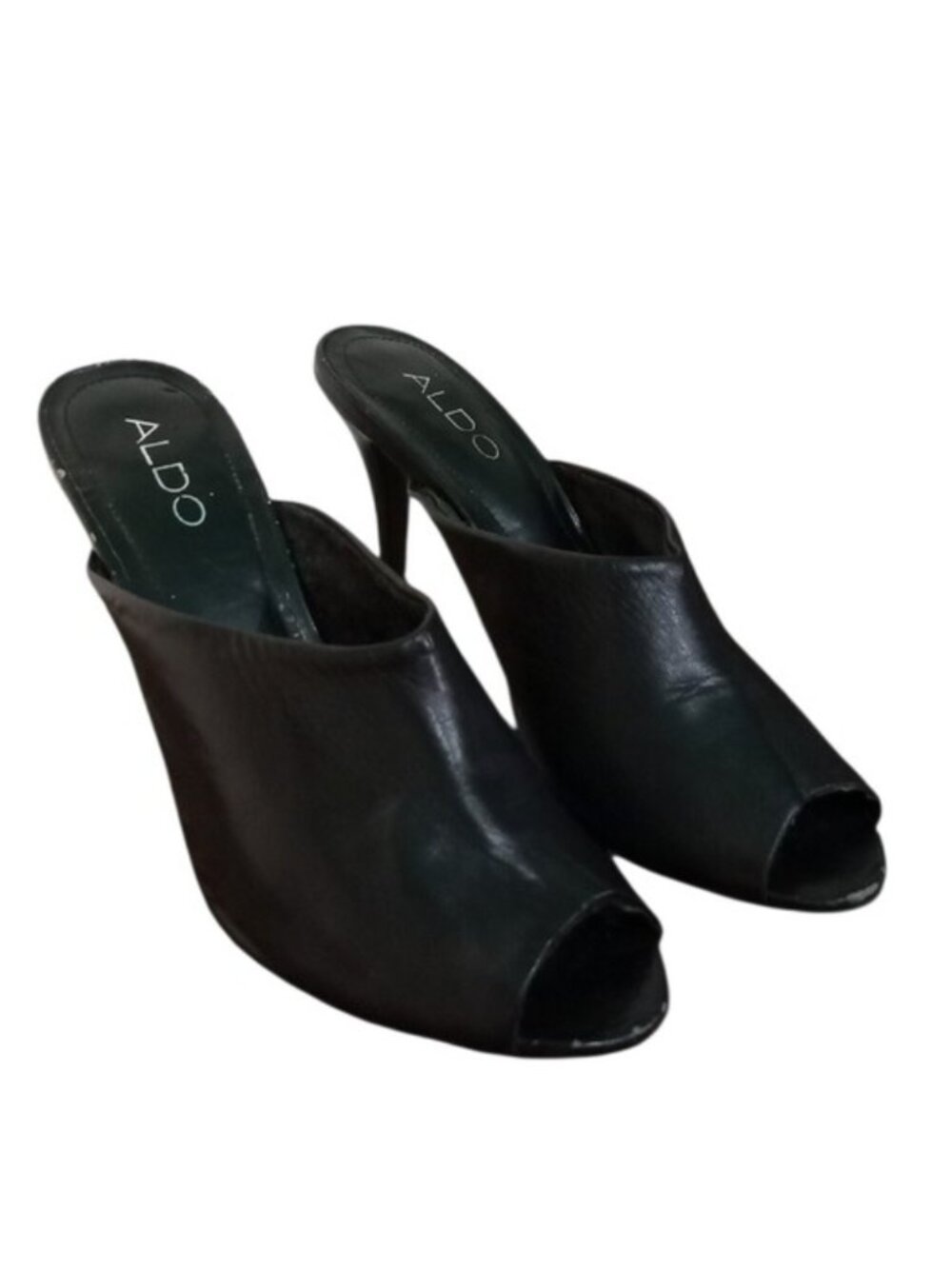 Aldo Black Leather Open-Toe Mule Heels